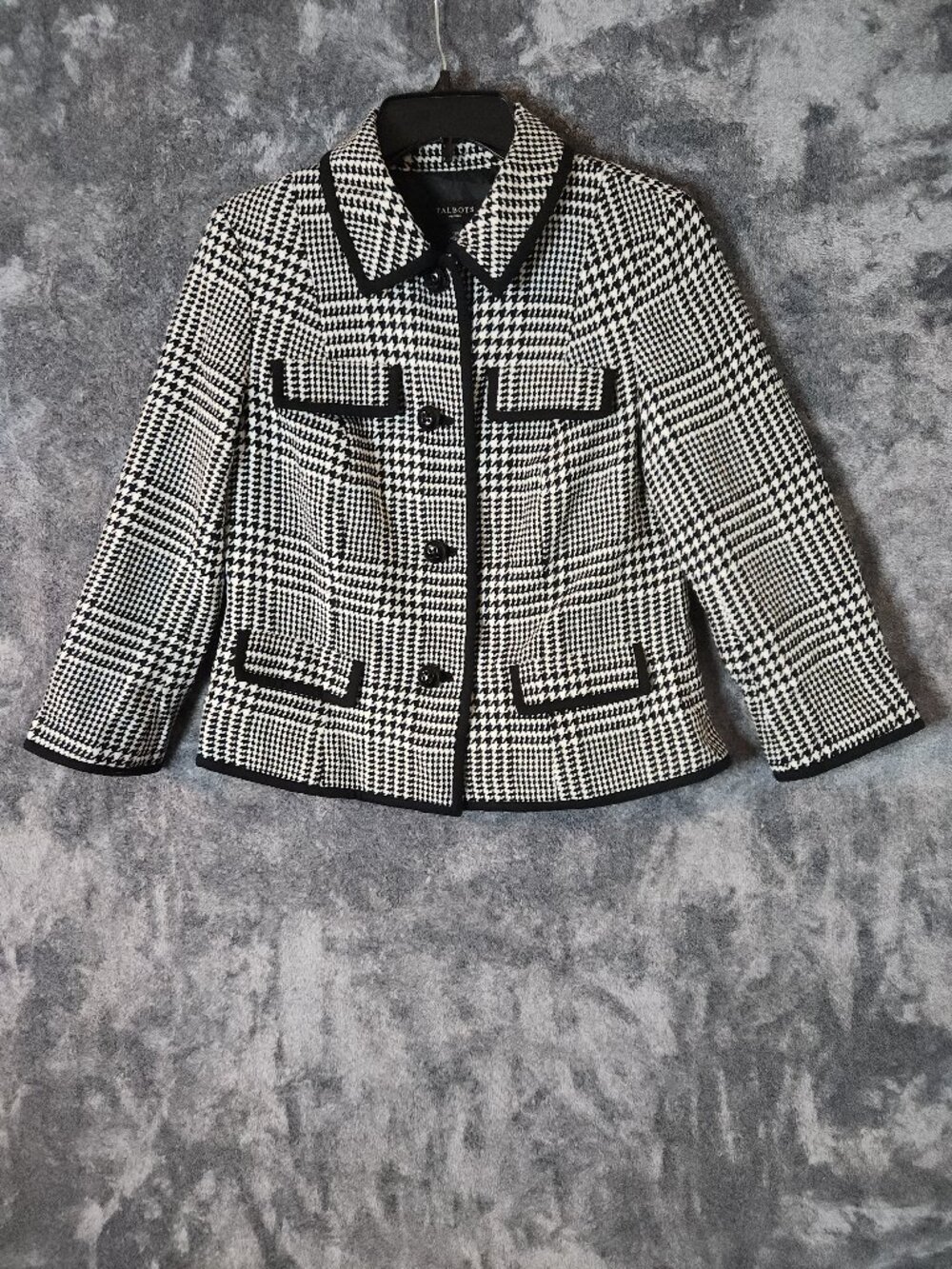 Talbots Blazer 12P Black White Houndstooth Old Money Nautical Office Blazer EUC
